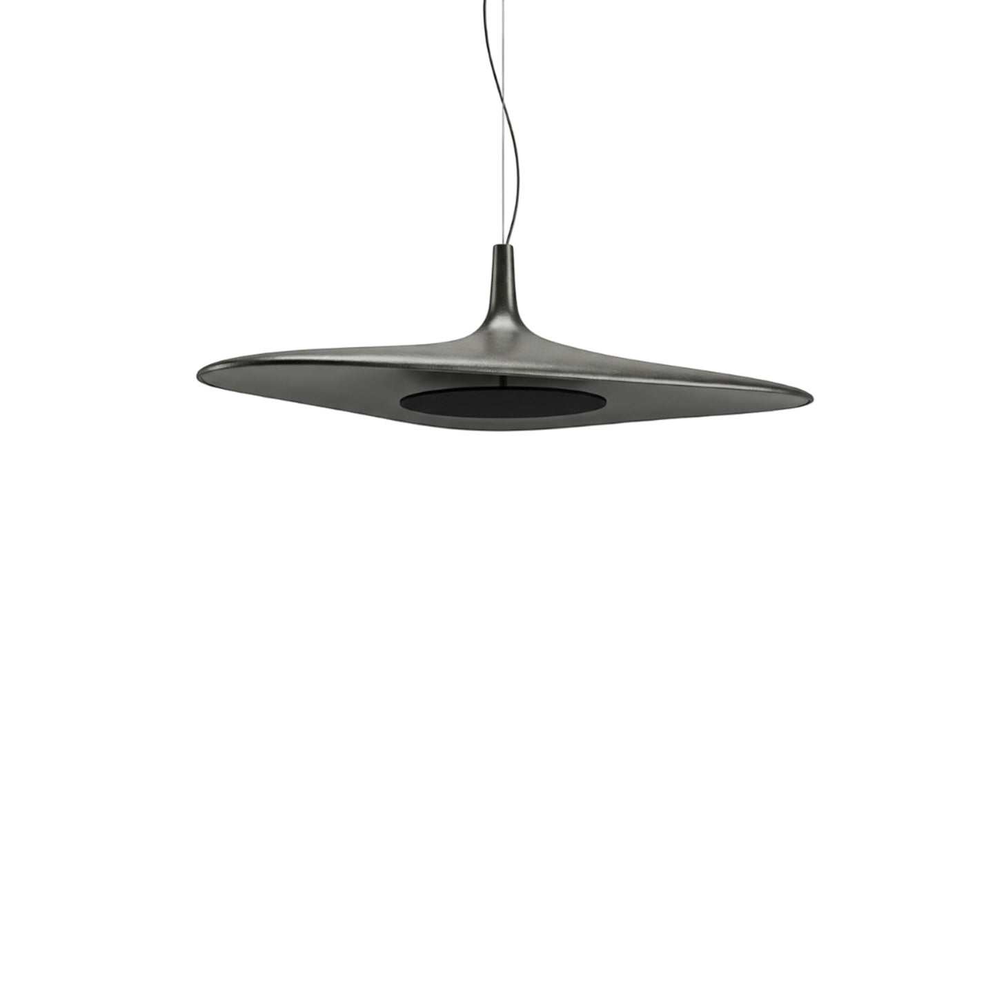 Suspension Dimoree minimaliste en forme de disque sombre, design organique et moderne pour salle à manger.
