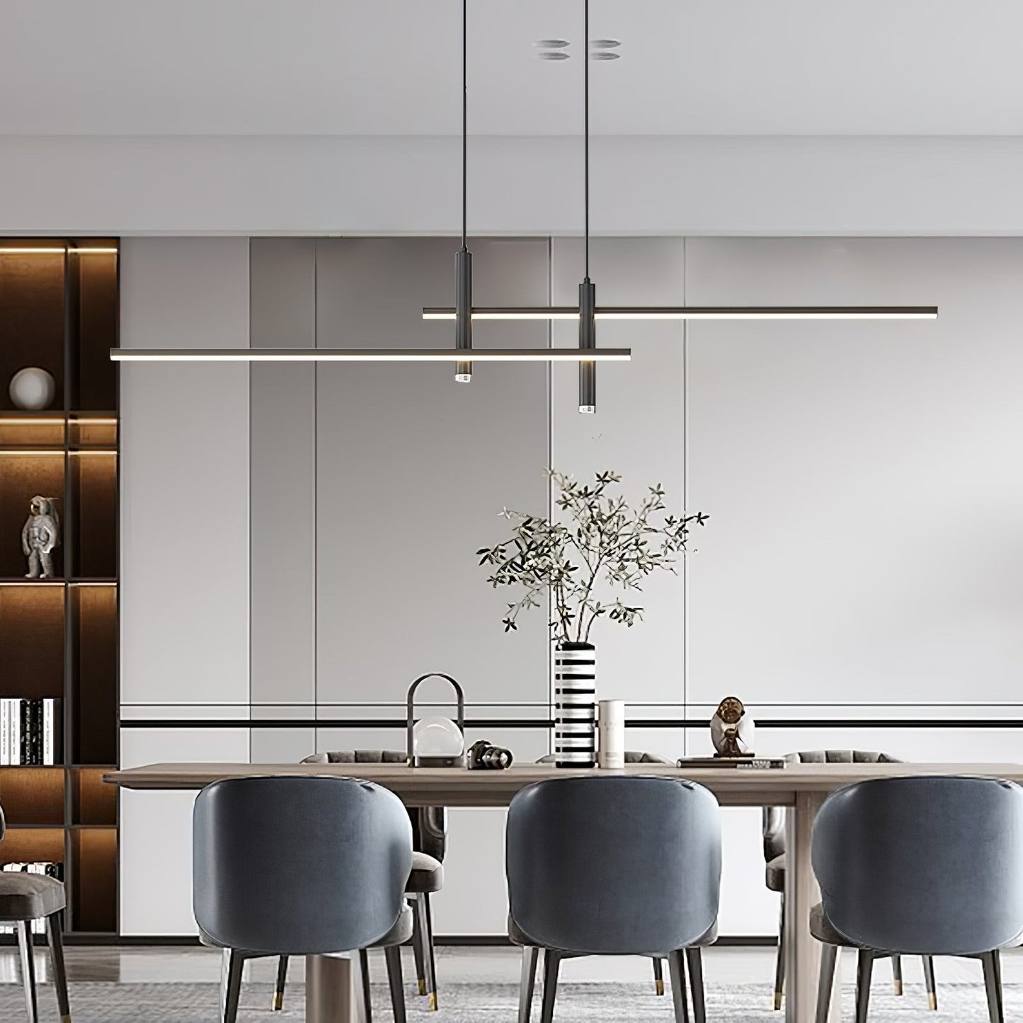 Suspension design minimaliste Dimoree en métal noir au-dessus d'une table de salle à manger contemporaine