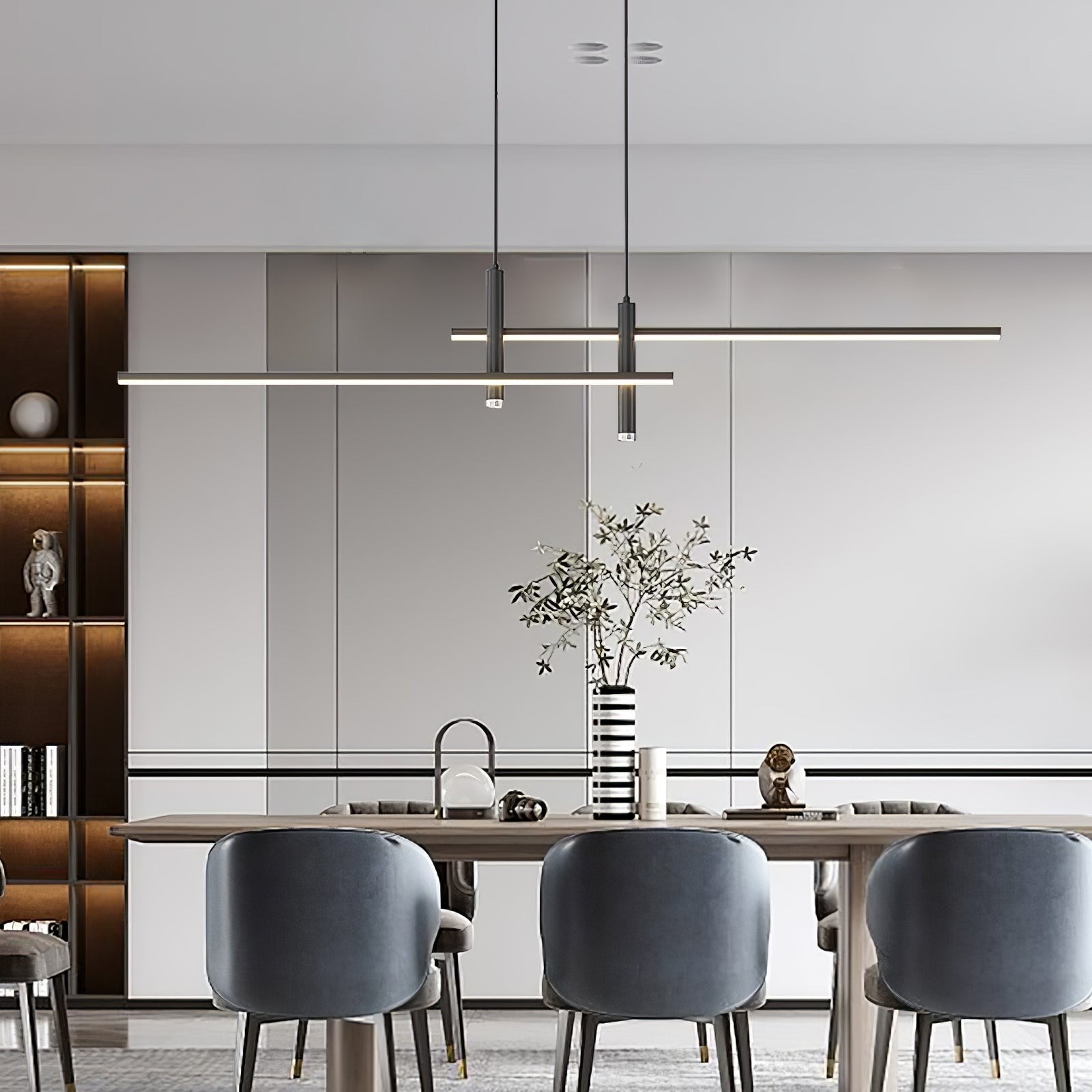 Suspension design minimaliste Dimoree en métal noir au-dessus d'une table de salle à manger contemporaine