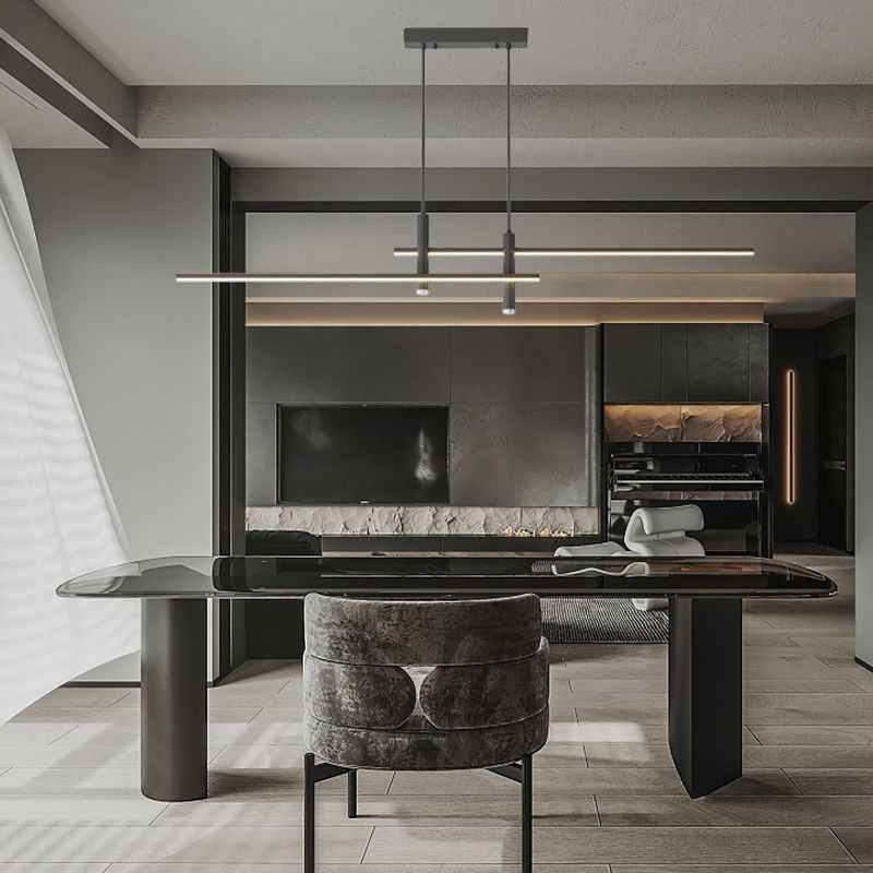 Suspension design minimaliste Dimoree en métal noir au-dessus d'une table de salle à manger moderne