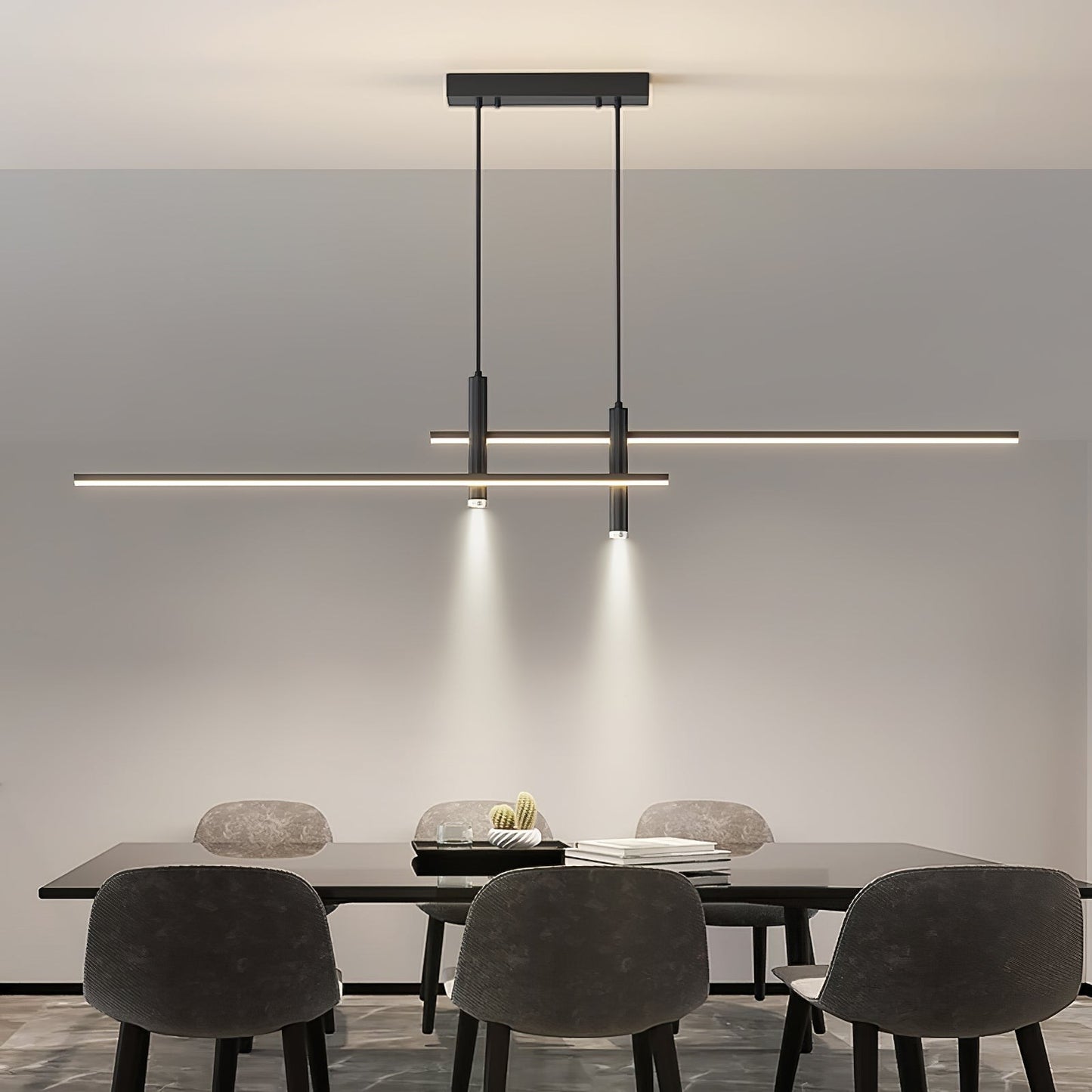 Suspension Dimoree au design minimaliste noir, luminaire linéaire moderne en métal pour salle à manger contemporaine