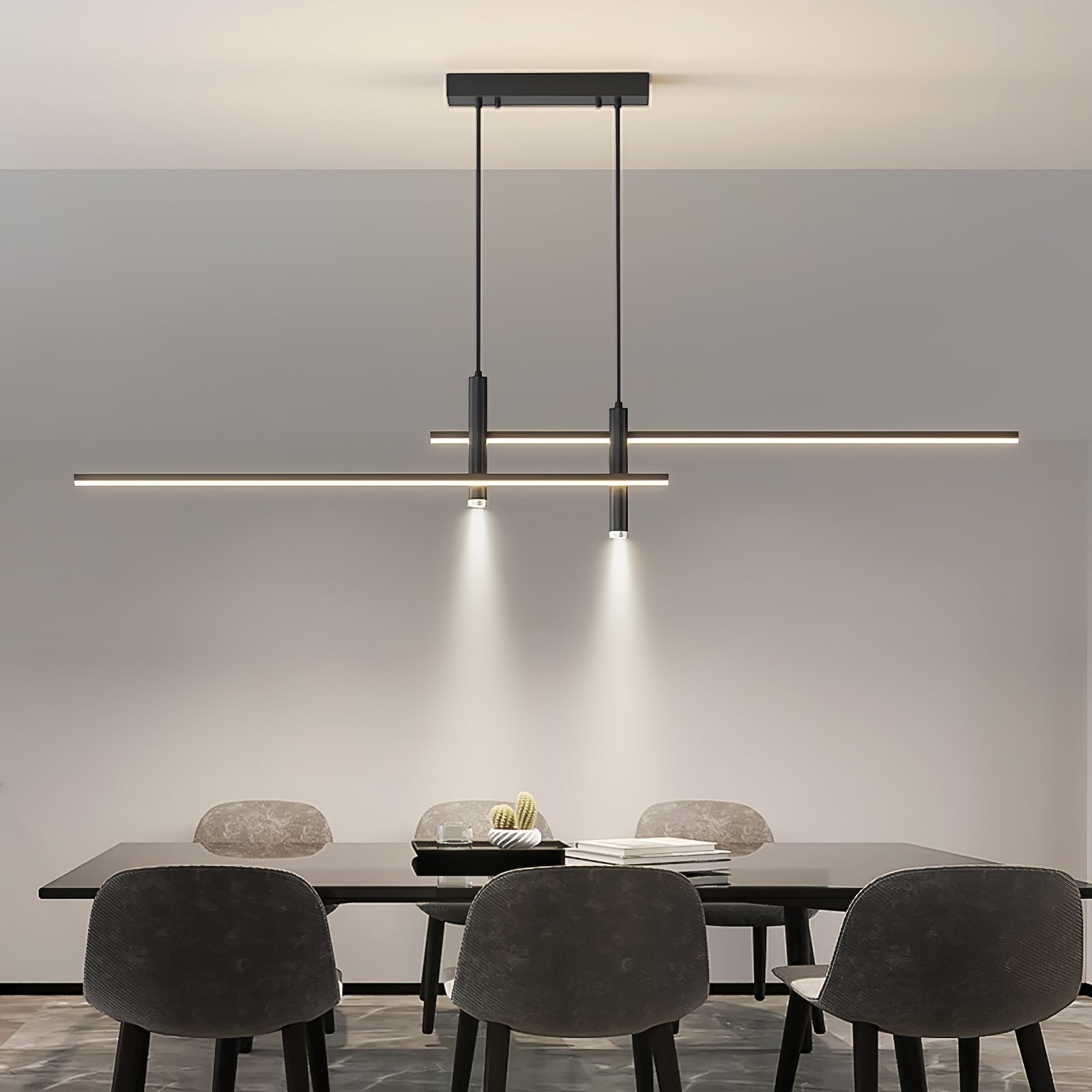 Suspension Dimoree au design minimaliste noir, luminaire linéaire moderne en métal pour salle à manger contemporaine