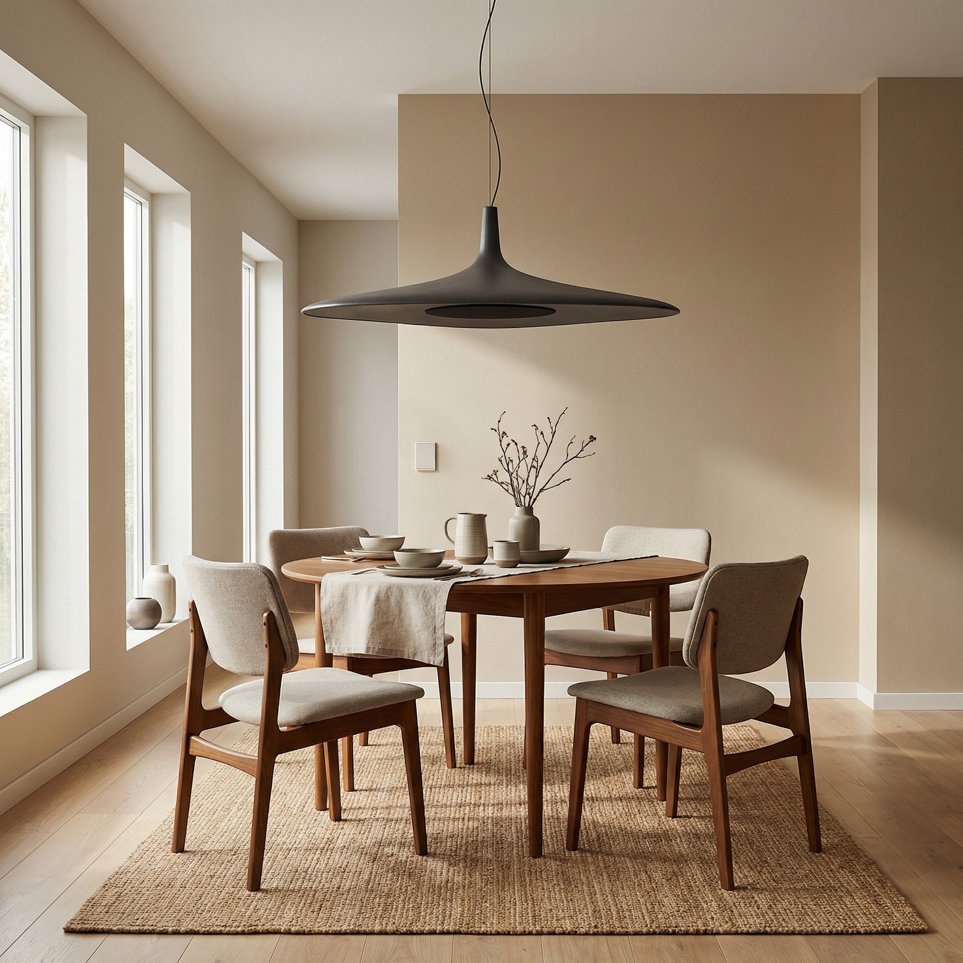 Suspension Dimoree minimaliste noire en forme de disque au-dessus d'une table à manger en bois dans un salon moderne.