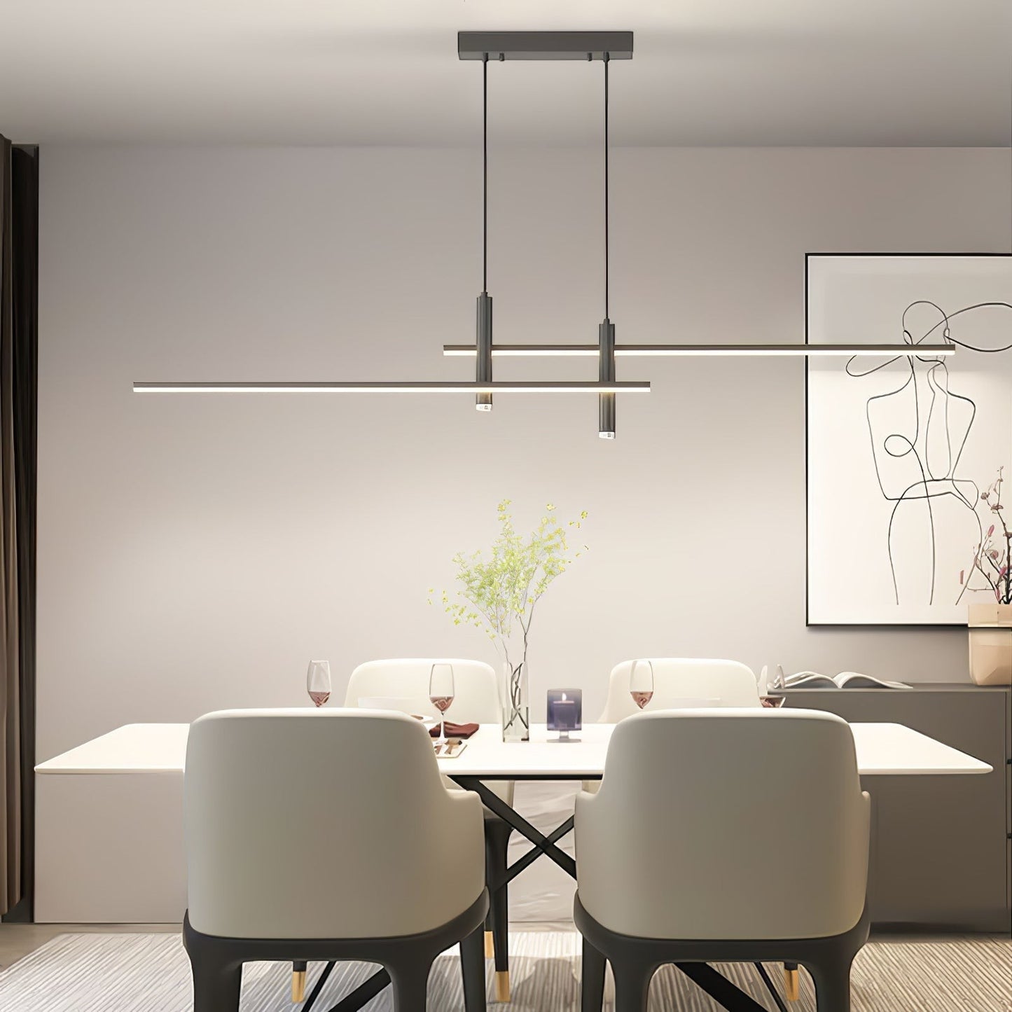 Suspension design minimaliste Dimoree en métal noir au-dessus d'une table à manger moderne