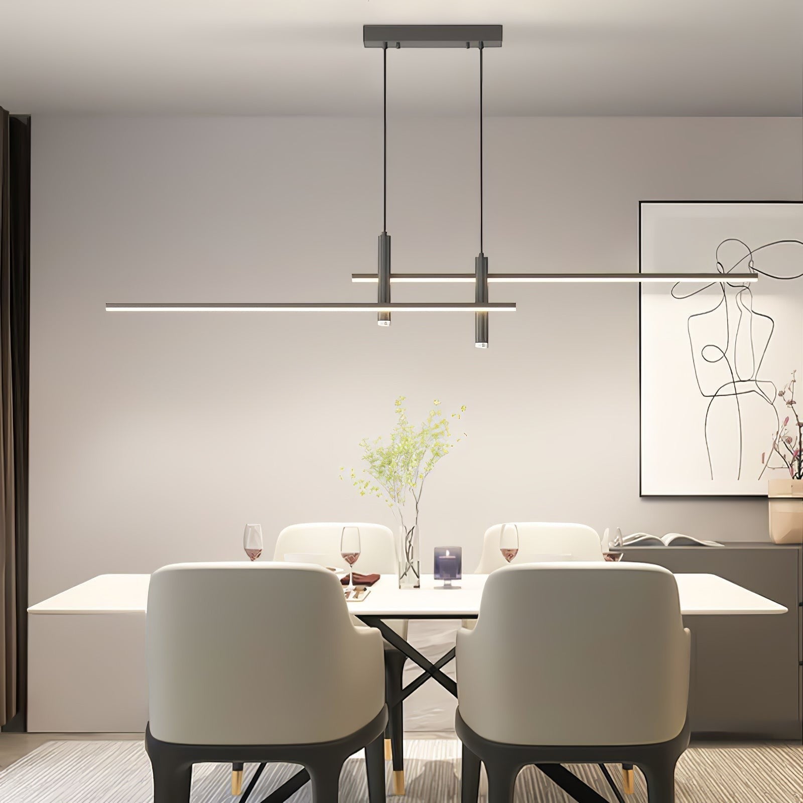 Suspension design minimaliste Dimoree en métal noir au-dessus d'une table à manger moderne