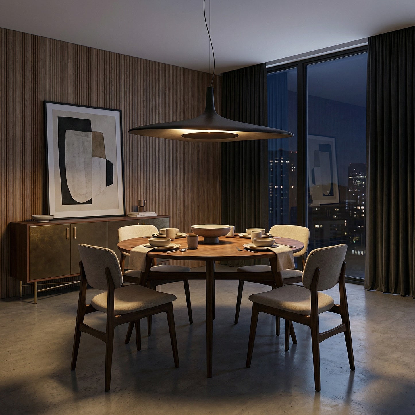 Suspension Dimoree minimaliste noire en forme de disque au-dessus d'une table à manger en bois dans un salon moderne.