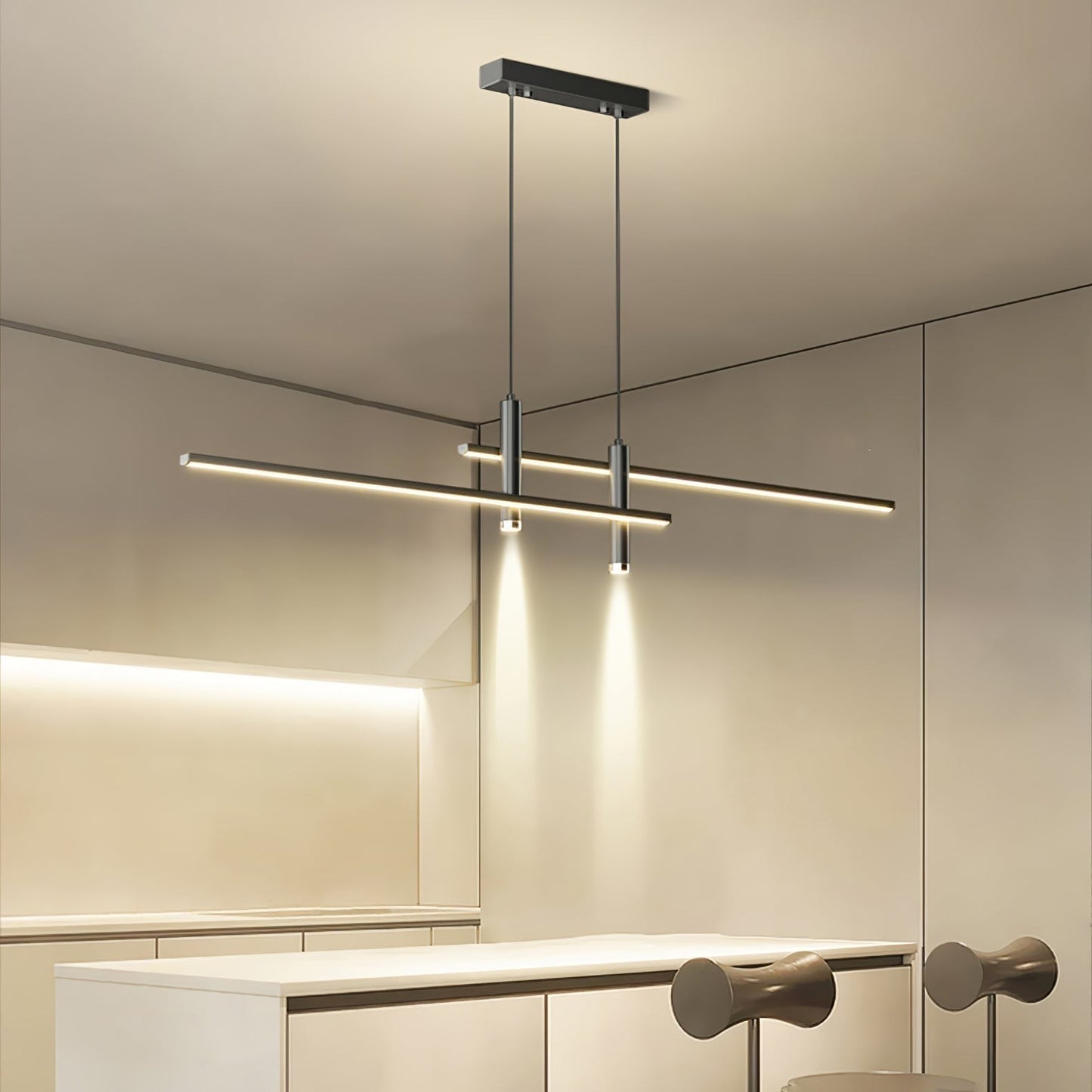 Suspension design minimaliste Dimoree en métal noir avec éclairage LED linéaire pour cuisine moderne