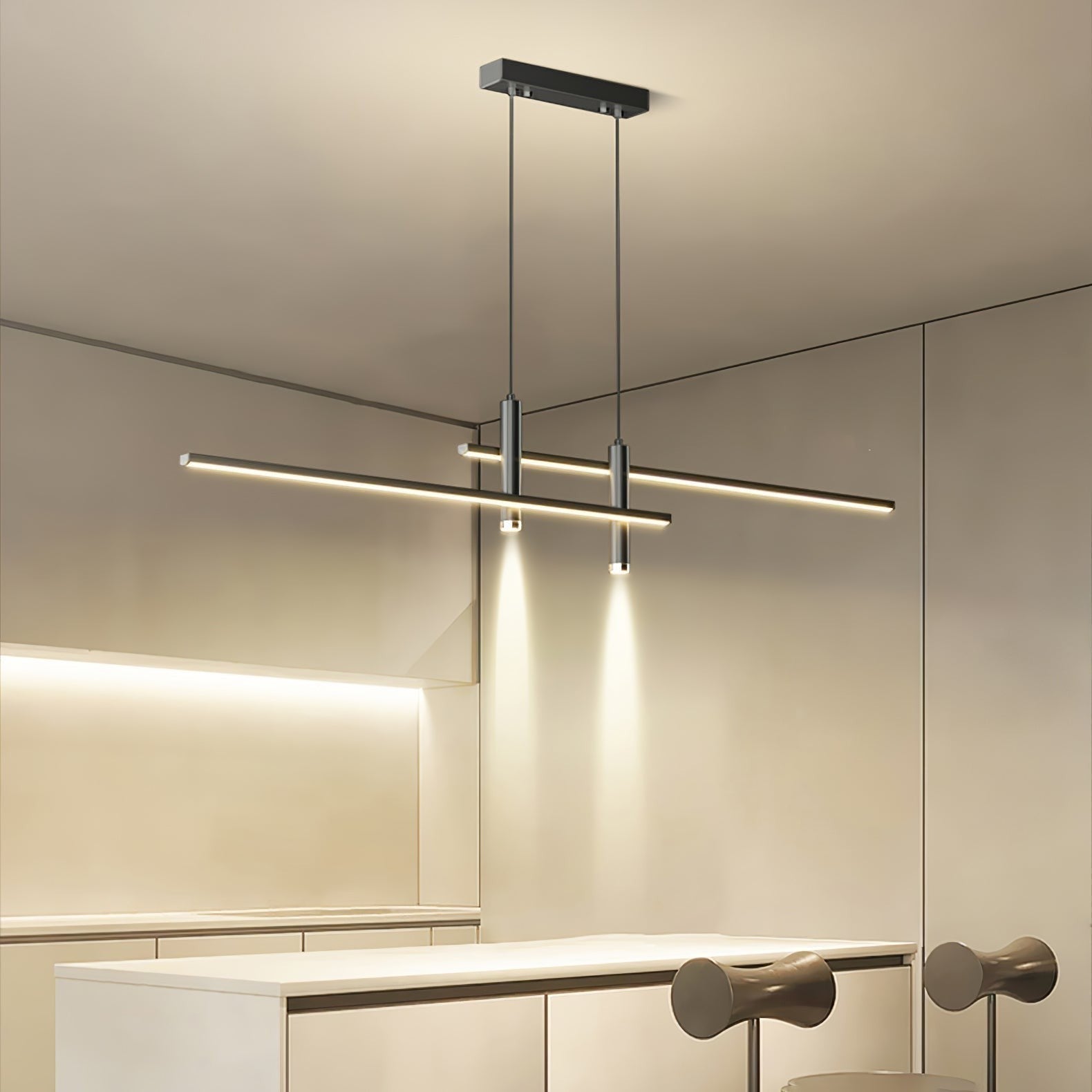 Suspension design minimaliste Dimoree en métal noir avec éclairage LED linéaire pour cuisine moderne
