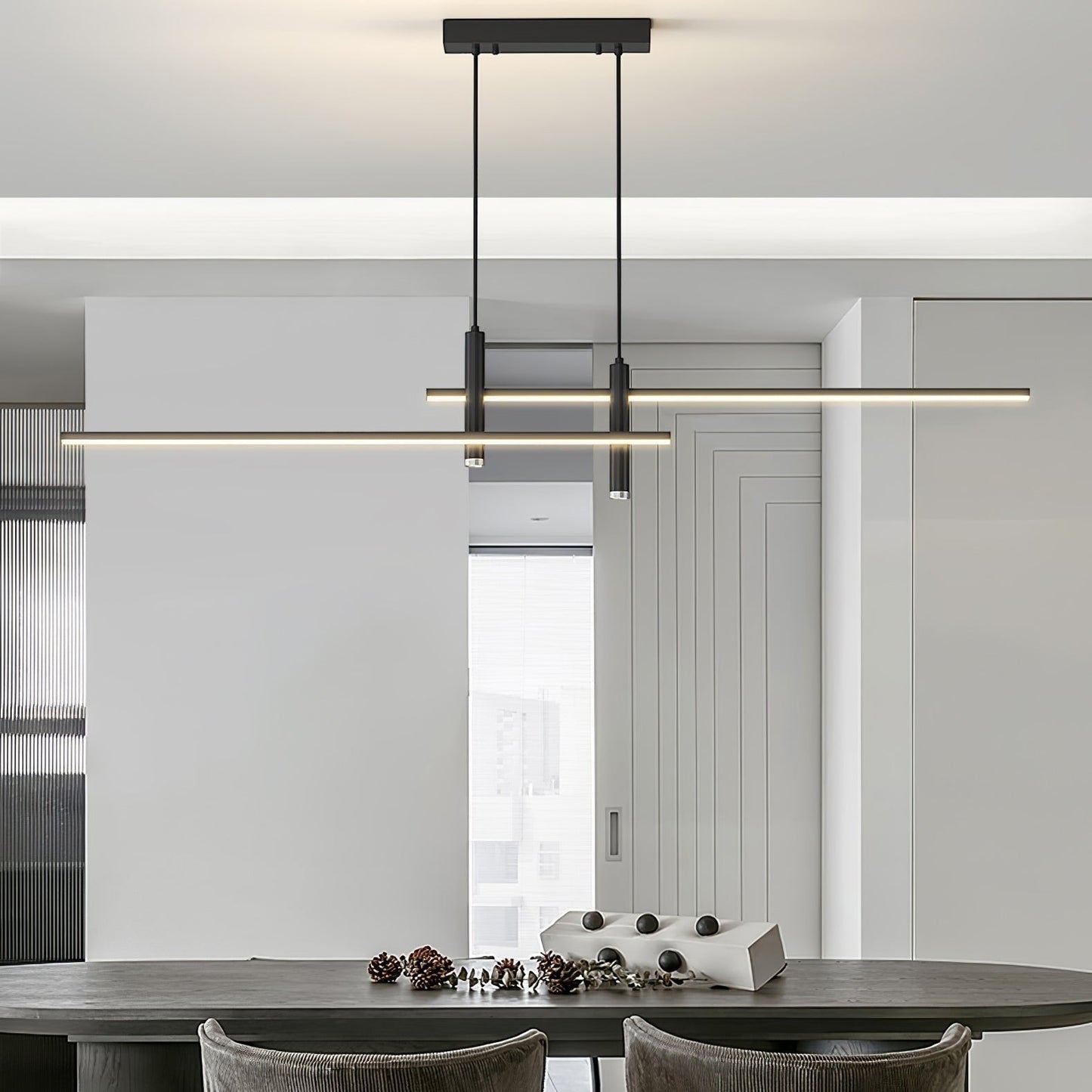 Suspension design minimaliste Dimoree en métal noir, luminaire linéaire moderne pour salle à manger ou cuisine
