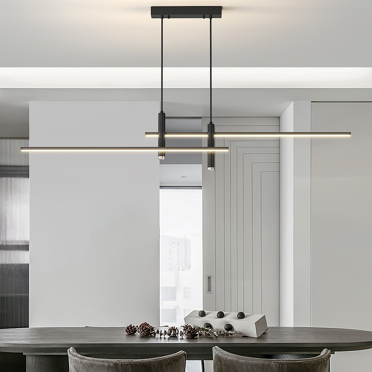 Suspension design minimaliste Dimoree en métal noir, luminaire linéaire moderne pour salle à manger ou cuisine