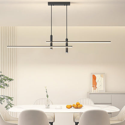 Suspension design minimaliste noire Dimoree au-dessus d'une table à manger dans un salon contemporain