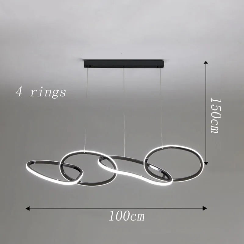 Suspension lumineuse Dimoree moderne à 4 anneaux noirs avec éclairage LED réglable pour salle à manger