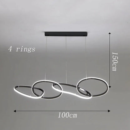 Suspension lumineuse Dimoree moderne à 4 anneaux noirs avec éclairage LED réglable pour salle à manger