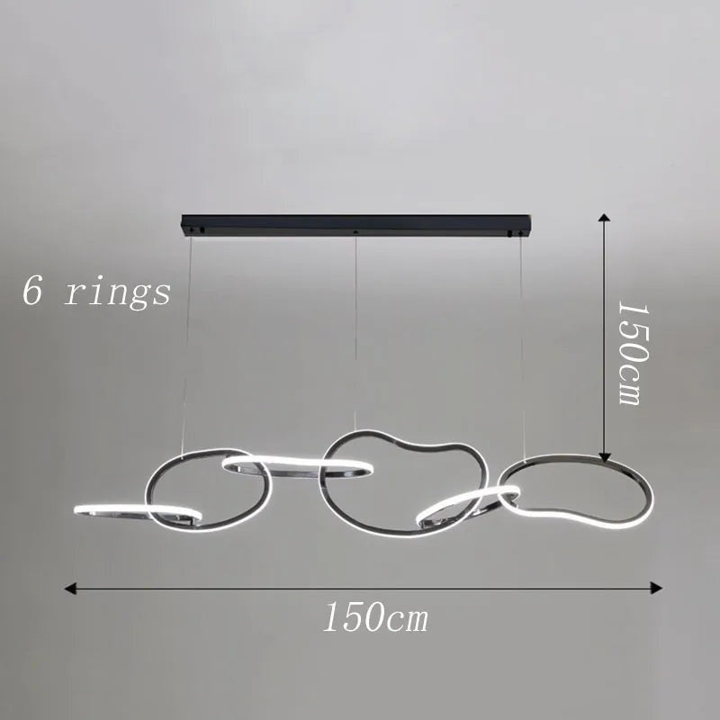Suspension lumineuse Dimoree moderne à 6 anneaux noirs avec éclairage LED réglable pour salle à manger