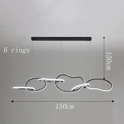 Suspension lumineuse Dimoree moderne à 6 anneaux noirs avec éclairage LED réglable pour salle à manger