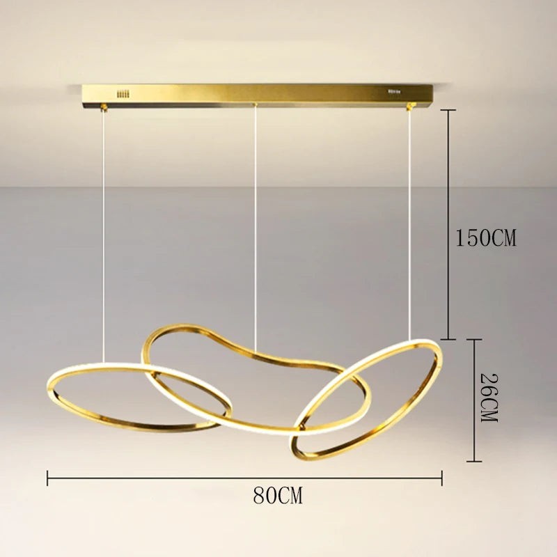 Suspension lumineuse Dimoree moderne avec trois anneaux dorés entrelacés pour salle à manger