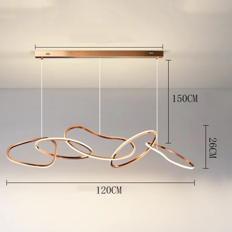 Suspension lumineuse moderne Dimoree en alliage couleur cuivre avec anneaux entrelacés pour salle à manger