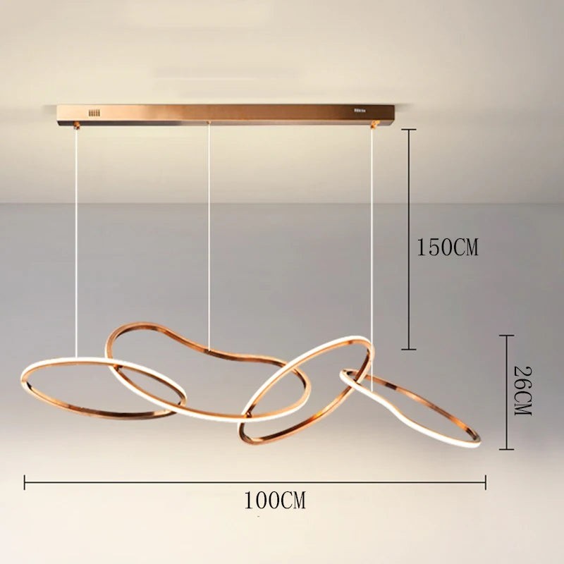 Suspension lumineuse moderne Dimoree en alliage doré avec anneaux entrelacés et éclairage LED réglable pour salle à manger