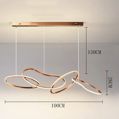Suspension lumineuse moderne Dimoree en alliage doré avec anneaux entrelacés et éclairage LED réglable pour salle à manger