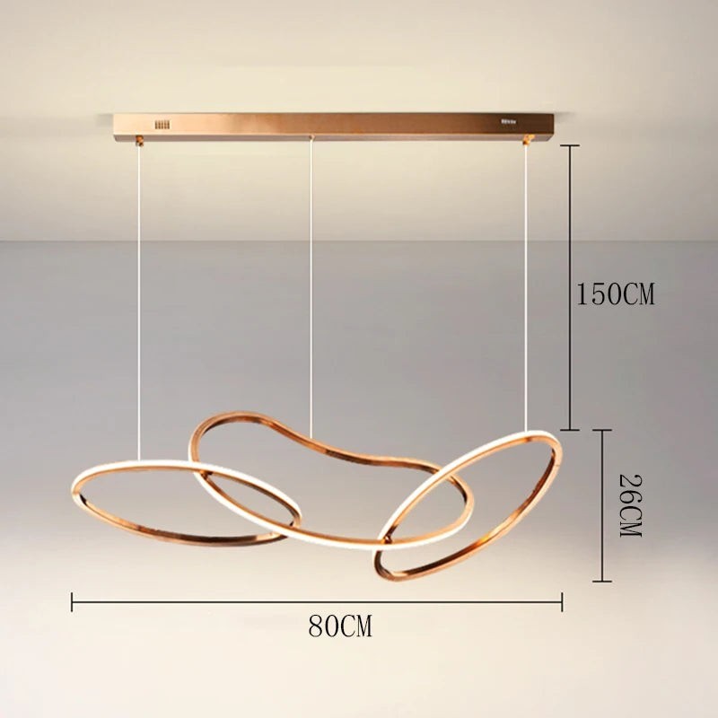 Suspension lumineuse Dimoree moderne en alliage doré avec trois anneaux LED ajustables pour salle à manger