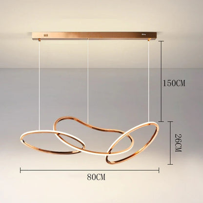 Suspension lumineuse Dimoree moderne en alliage doré avec trois anneaux LED ajustables pour salle à manger
