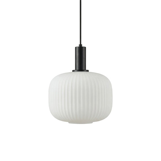 Suspension lumineuse Dimoree moderne avec abat-jour en verre dépoli nervuré et structure en métal noir mat