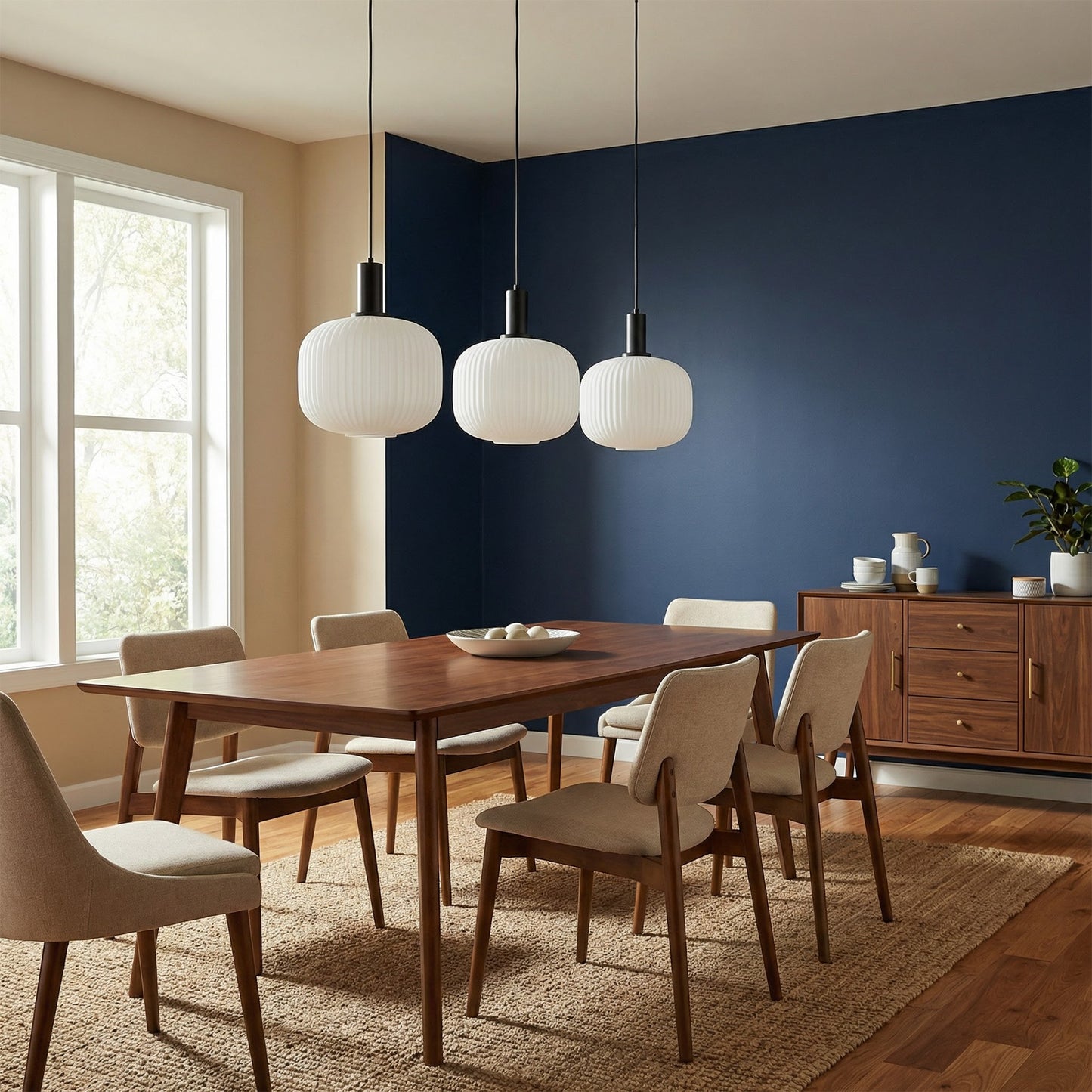 Suspension lumineuse moderne Dimoree avec abat-jours en verre dépoli nervuré et structure en métal noir au-dessus table