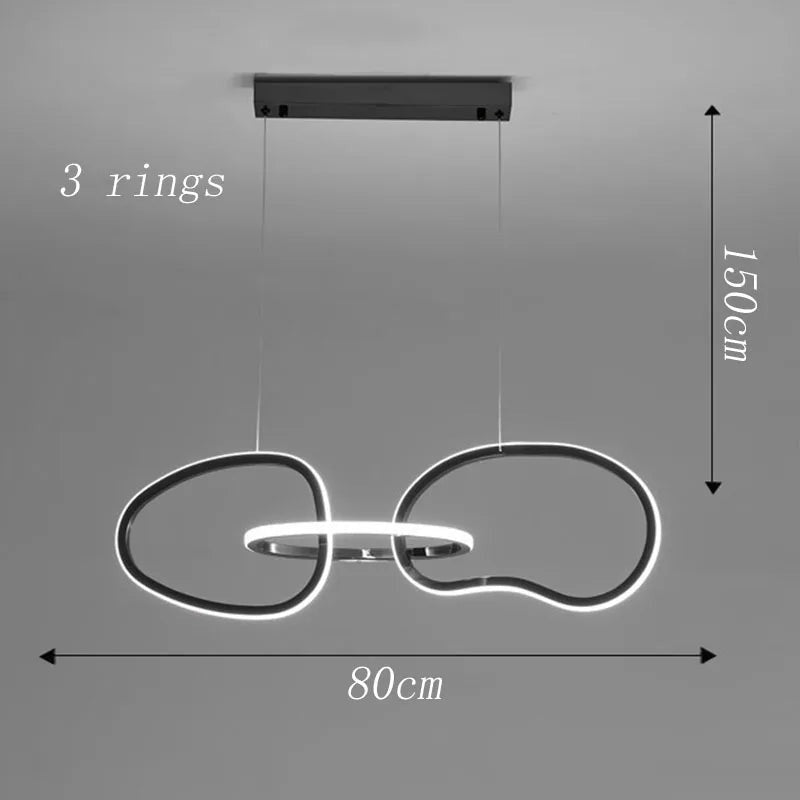 Suspension lumineuse Dimoree moderne à trois anneaux noirs avec éclairage LED réglable pour salle à manger