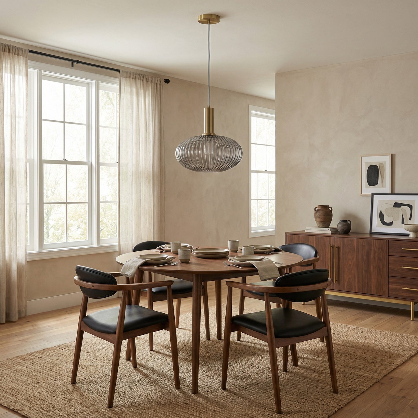 Suspension Dimoree en verre fumé nervuré et métal doré brossé au-dessus d'une table de salle à manger moderne.
