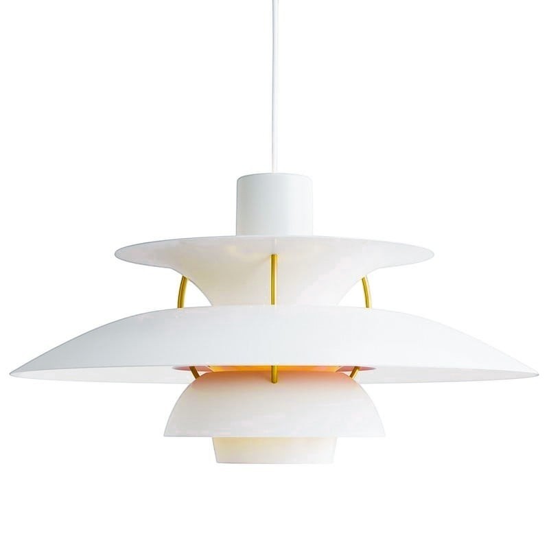 Suspension Dimoree Macaron blanche au design moderne avec abat-jour superposés et détails dorés