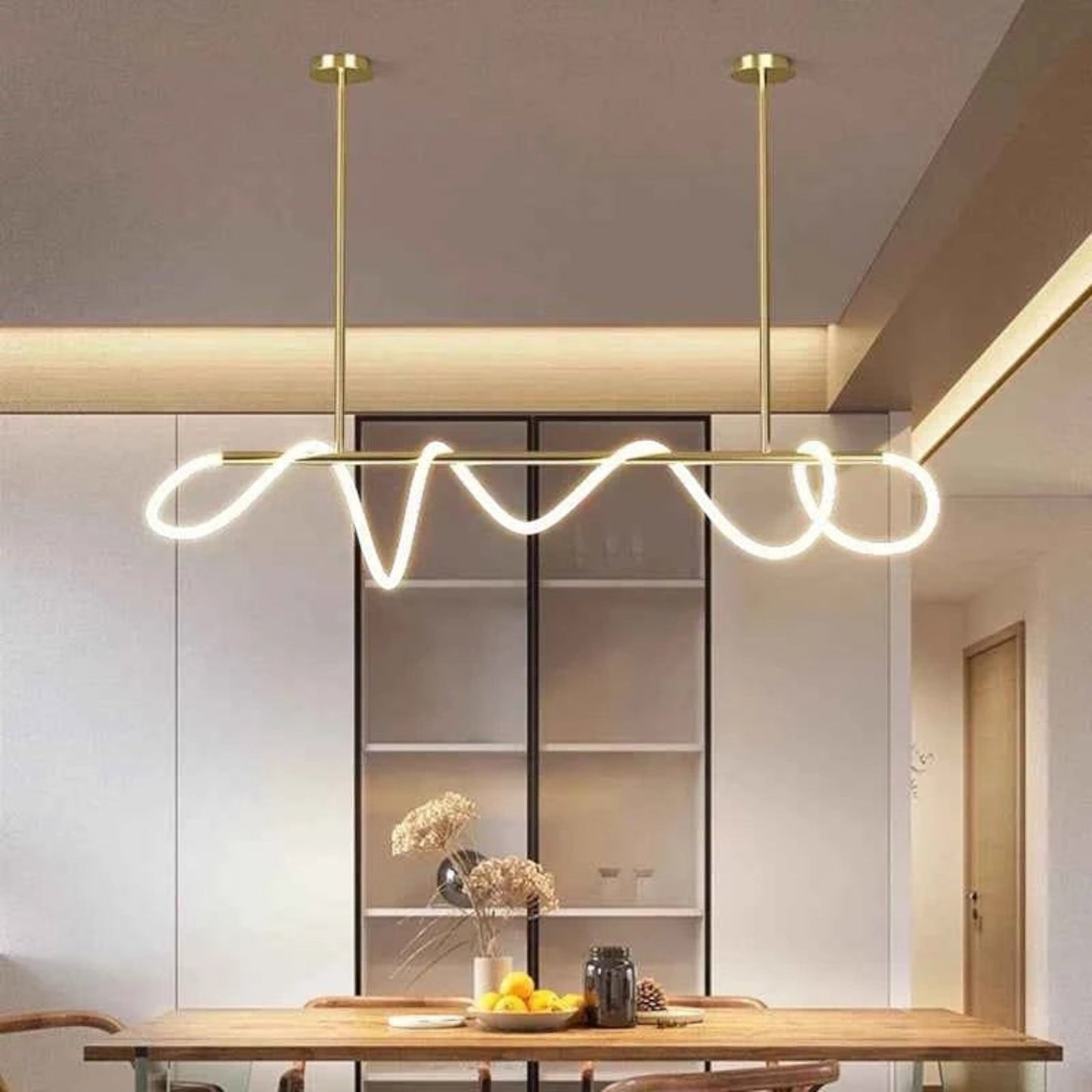 Suspension Dimoree moderne en acier inoxydable brossé doré avec éclairage LED ondulé pour salle à manger