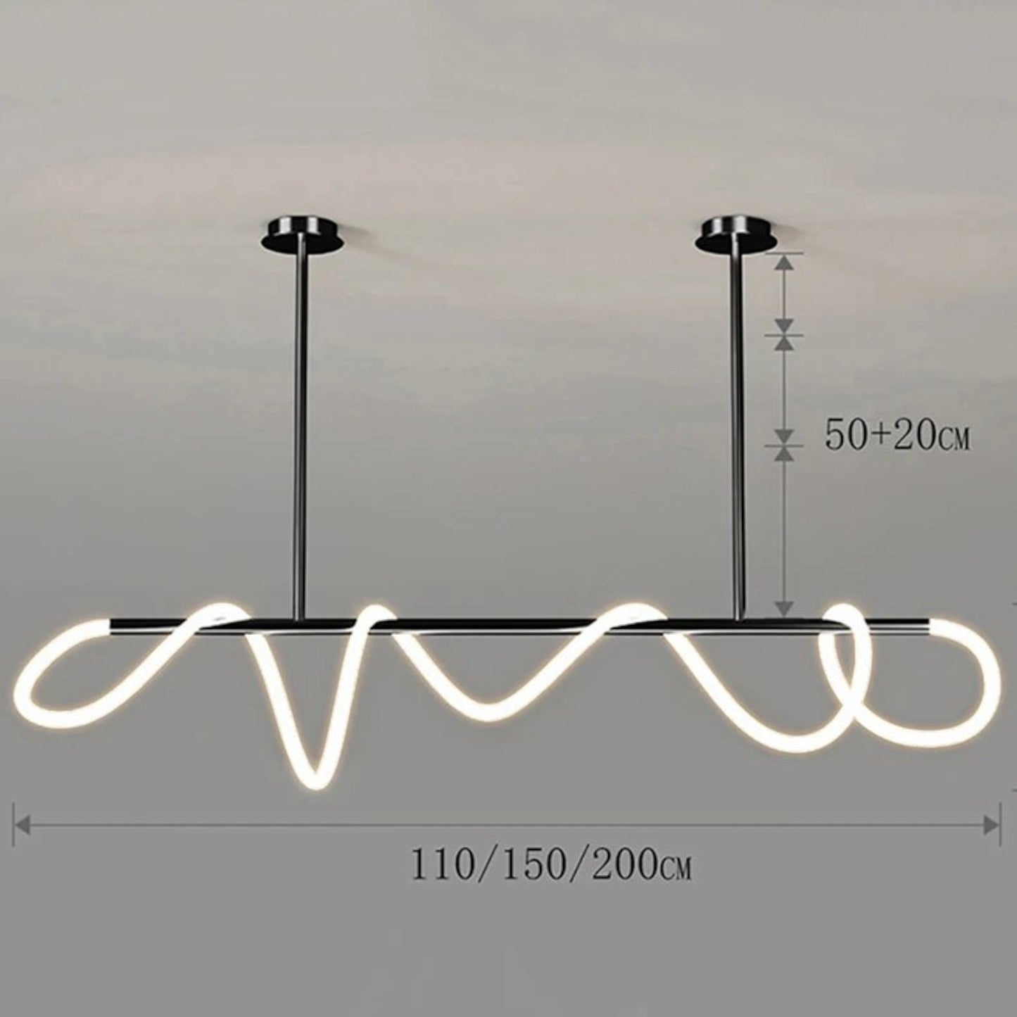 Suspension Dimoree au design nordique moderne avec structure en acier noir et éclairage LED linéaire ondulé