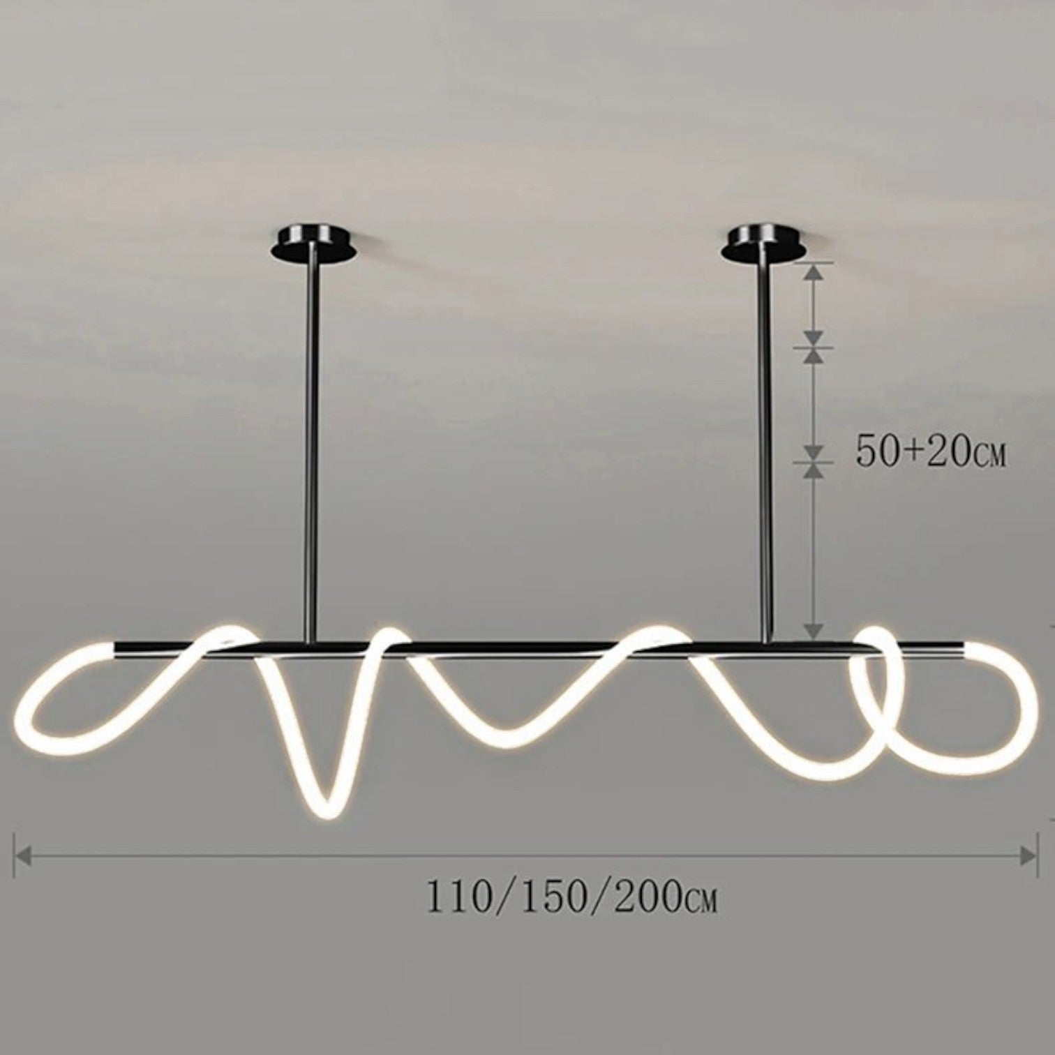 Suspension Dimoree au design nordique moderne avec structure en acier noir et éclairage LED linéaire ondulé