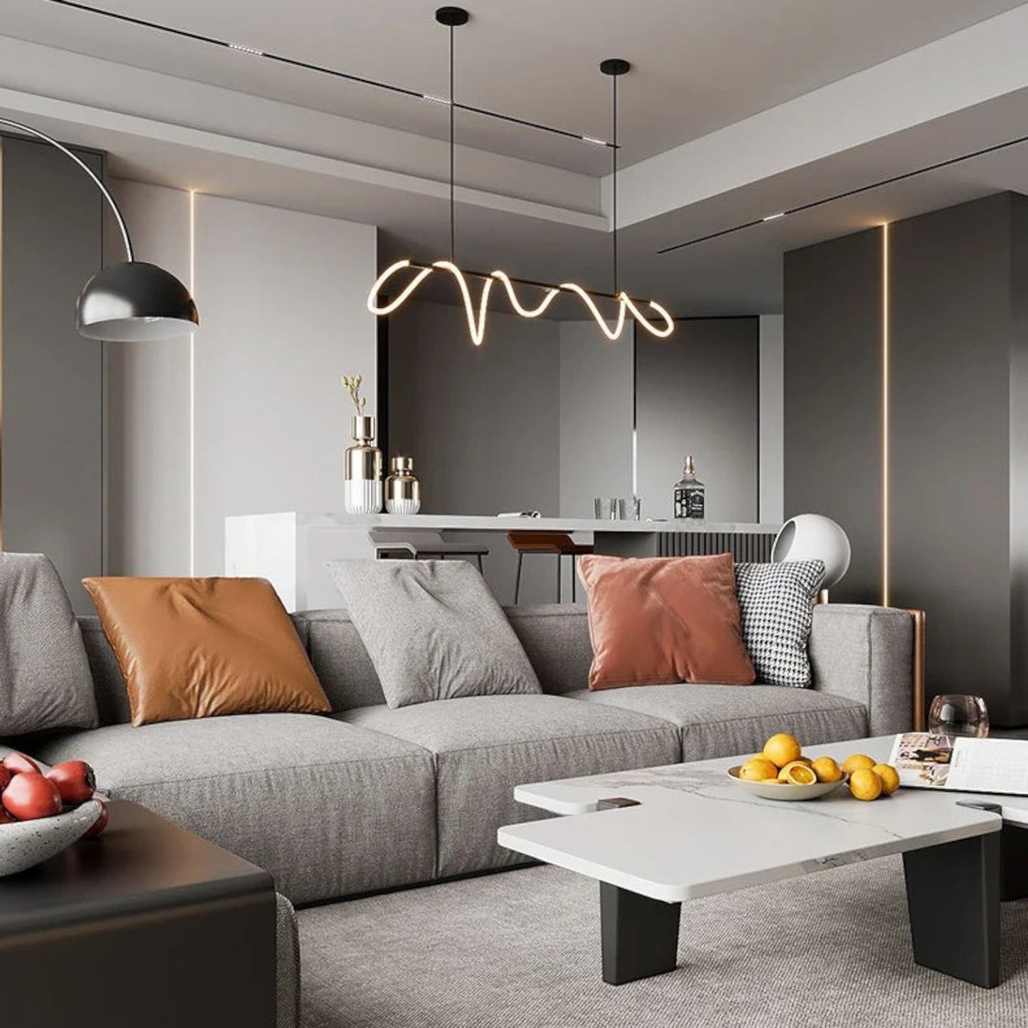 Suspension Dimoree au design nordique moderne avec éclairage LED sinueux au-dessus d'un salon élégant