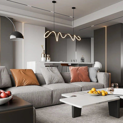 Suspension Dimoree au design nordique moderne avec éclairage LED sinueux au-dessus d'un salon élégant