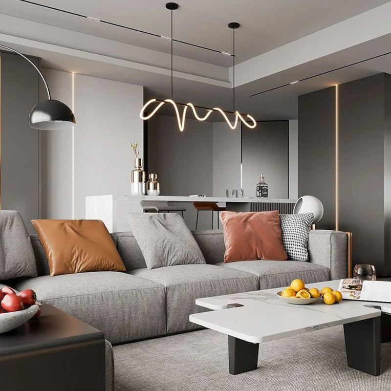 Suspension Dimoree au design nordique moderne avec éclairage LED sinueux au-dessus d'un salon élégant