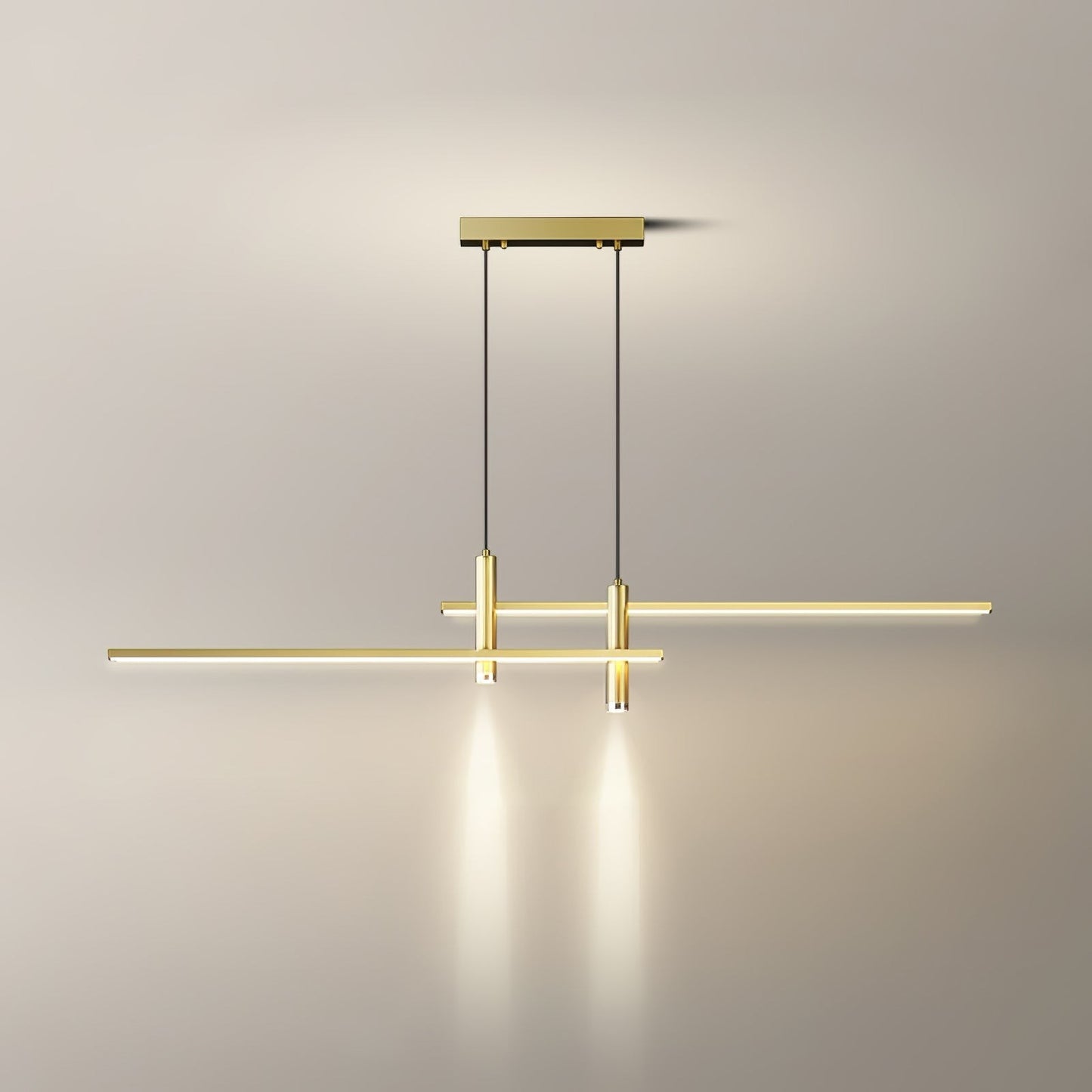 Suspension design Dimoree Prym en métal doré avec éclairage LED linéaire et spots orientés pour salon moderne