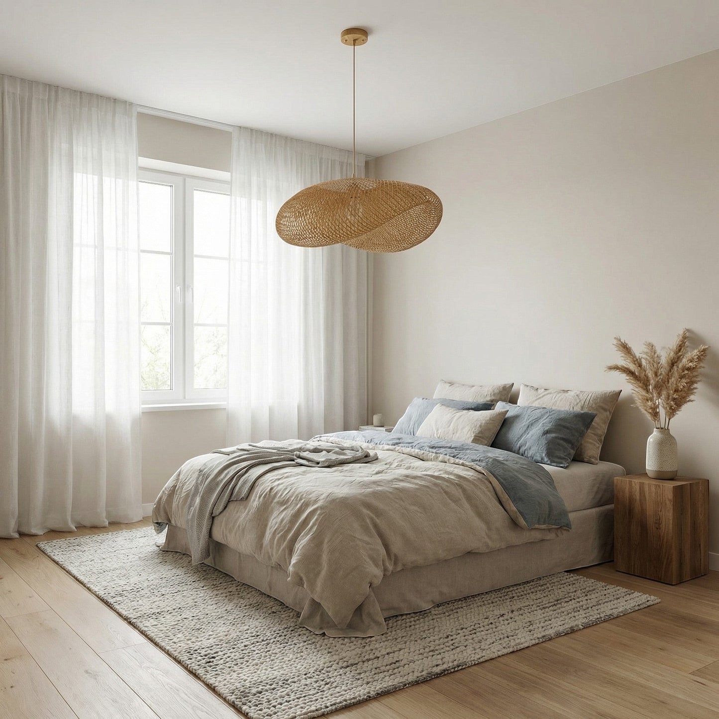 Suspension en rotin Dimoree au design organique dans une chambre à coucher bohème aux tons neutres et apaisants