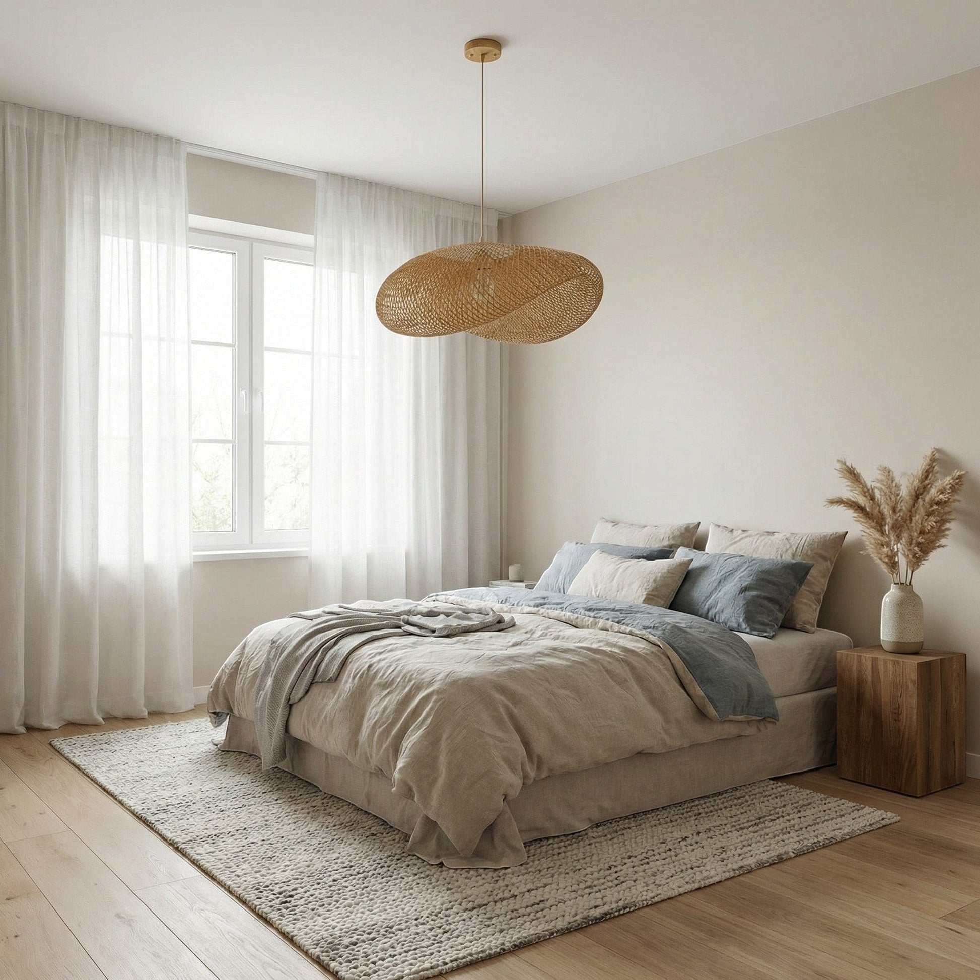 Suspension en rotin Dimoree au design organique dans une chambre à coucher bohème aux tons neutres et apaisants