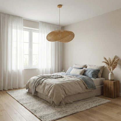 Suspension en rotin Dimoree au design organique dans une chambre à coucher bohème aux tons neutres et apaisants