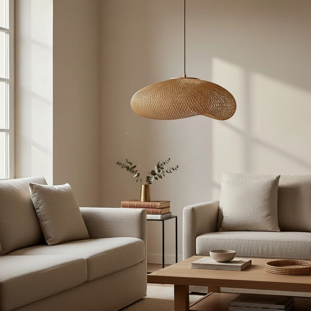 Suspension Dimoree en rotin naturel au design organique suspendue au-dessus d'un salon aux tons neutres et chaleureux