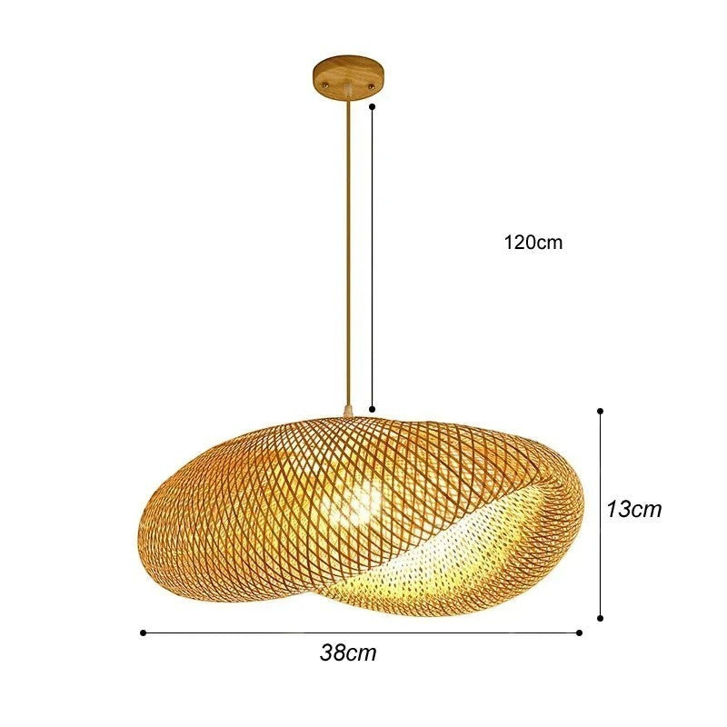 Suspension Dimoree en rotin naturel tressé avec dimensions indiquées pour un éclairage bohème chaleureux