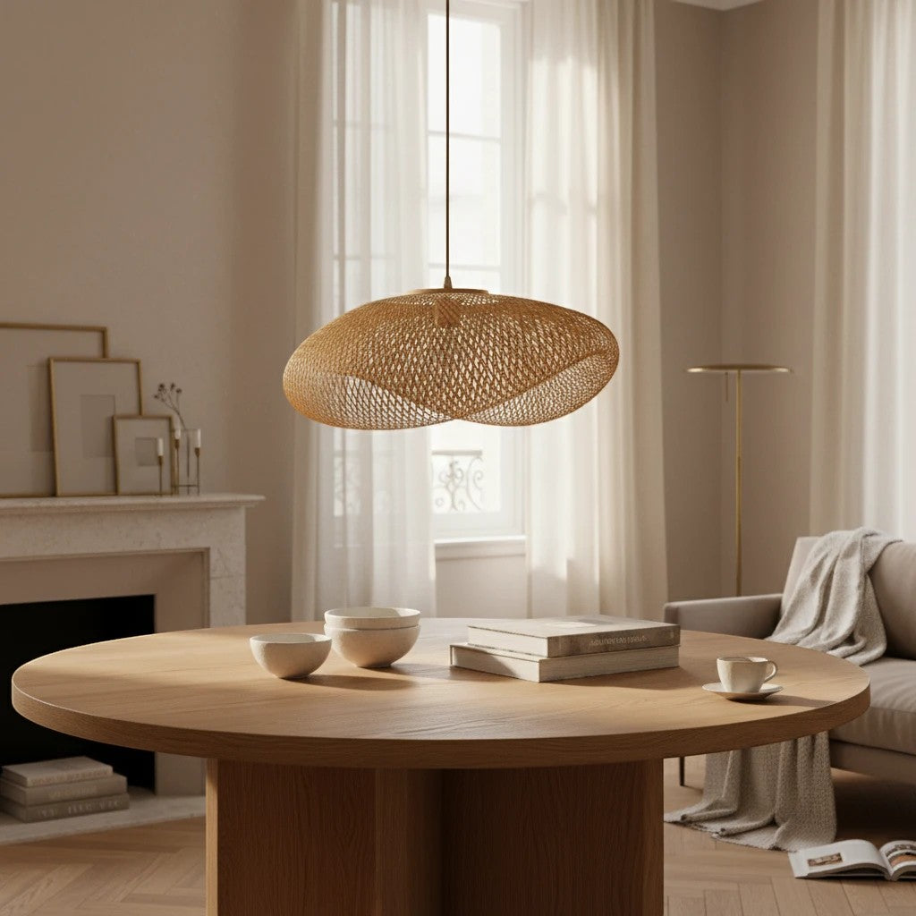 Suspension Dimoree en rotin naturel tressé au-dessus d'une table ronde en bois dans un salon au style bohème chic
