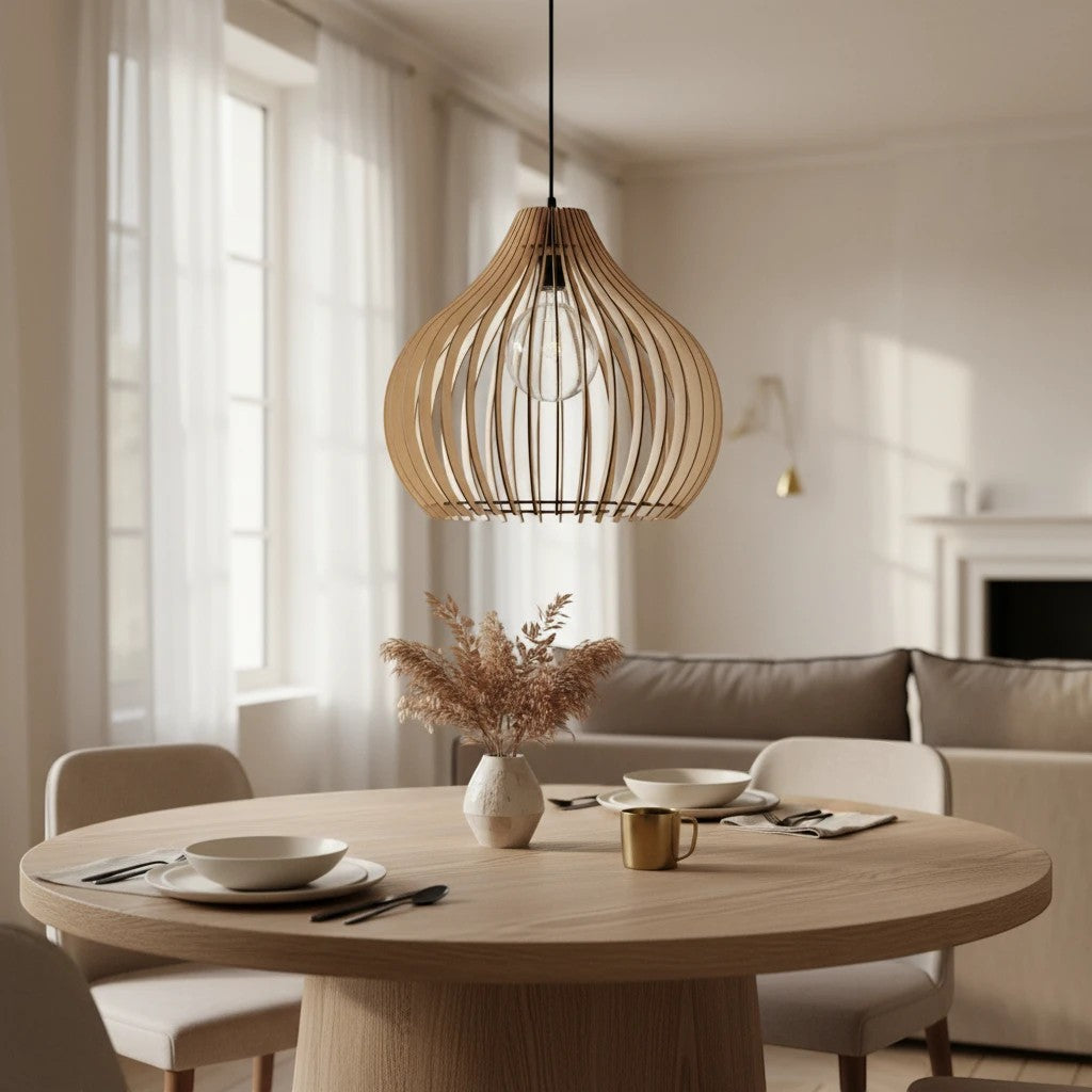 Dimoree suspension scandinave en bois naturel, abat-jour ajouré en lamelles de bois, idéale pour salon.