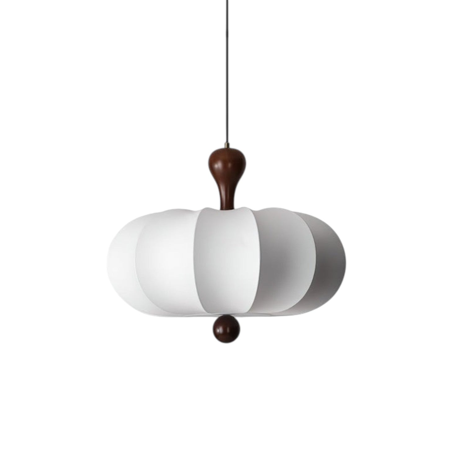 Suspension Dimoree sculptée moderne avec abat-jour blanc en tissu et détails en bois de noyer
