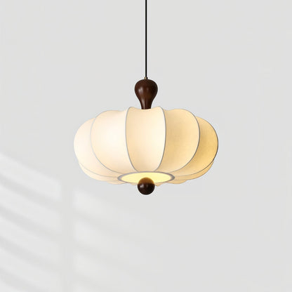 Suspension Dimoree moderne blanche en tissu et bois de noyer sculpté, design élégant pour salon ou salle à manger