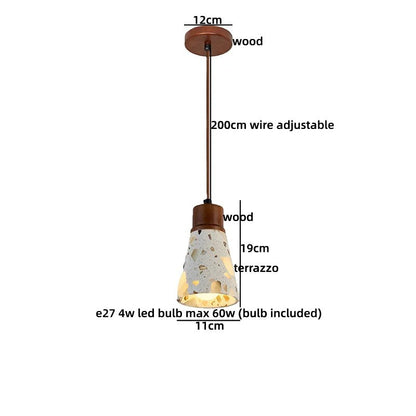 Suspension lumineuse Dimoree de style wabi-sabi avec abat-jour en terrazzo et détails en bois, câble ajustable.