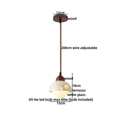 Suspension lumineuse Dimoree de style Wabi Sabi avec abat-jour en terrazzo, détails en bois et verre blanc