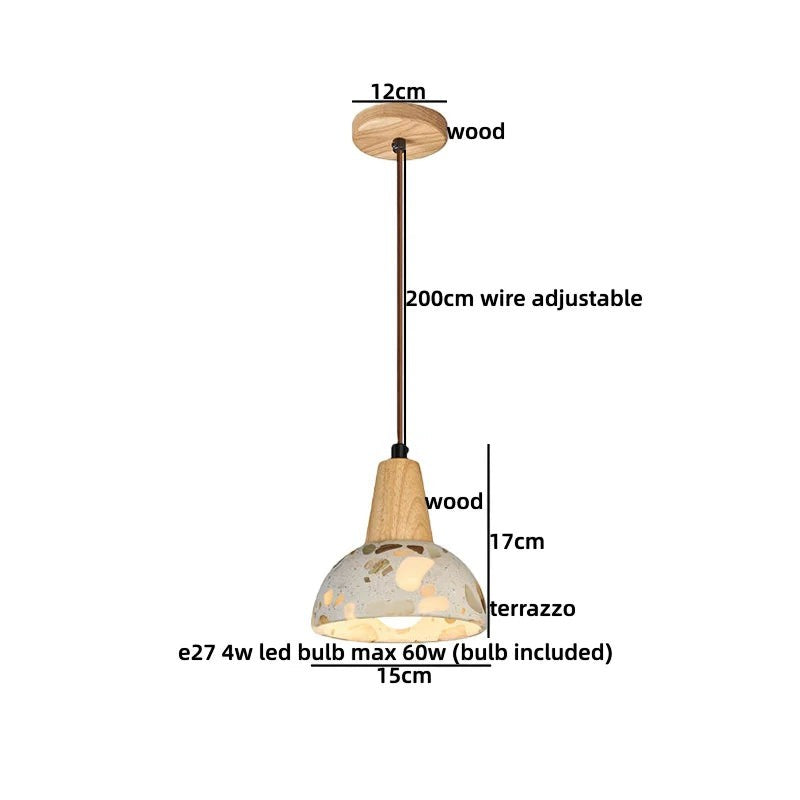 Suspension lumineuse Dimoree de style Wabi Sabi avec abat-jour en terrazzo et détails en bois naturel