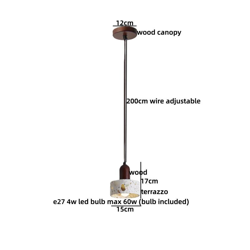 Suspension lumineuse Dimoree de style Wabi Sabi avec abat-jour en terrazzo et support en bois, hauteur ajustable.